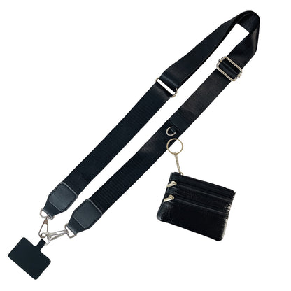 Clip and Go Phone Strap with Zipper Pouch,Crossbody Adjustable Chain Lanyard with PU Leather Wallet for All Phones Black