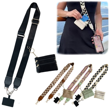 Clip and Go Phone Strap with Zipper Pouch,Crossbody Adjustable Chain Lanyard with PU Leather Wallet for All Phones Black