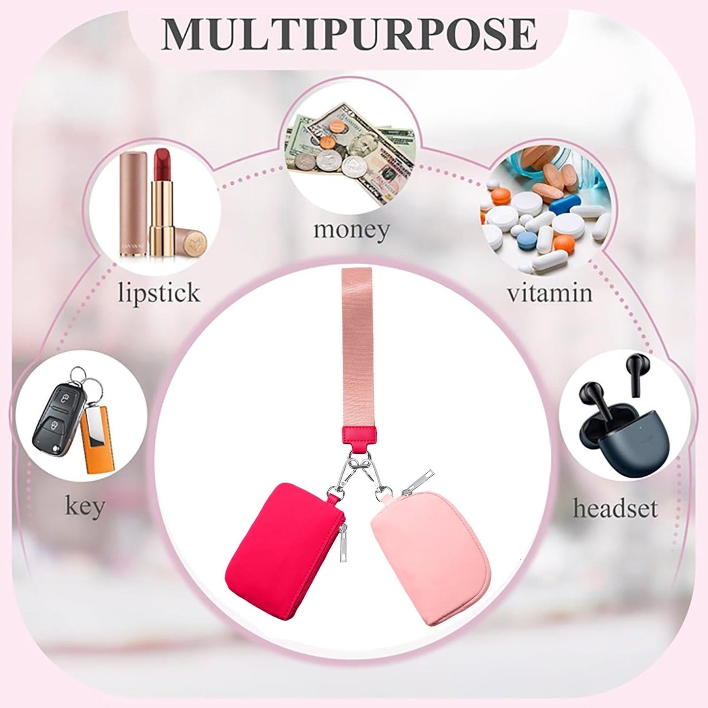 3/2/1PCS Keychain Wallet Mini Zip Around Wristlet Wallets For Women Detachable Dual Pouch Wristlet Portable Coin Purse Small Wallets For Travel Sports Outdoors Watermelon Red 2PCS
