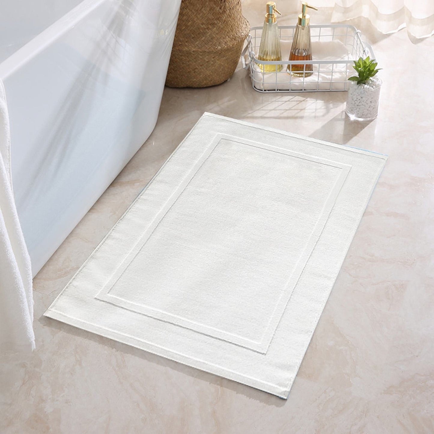 2PCS White Cotton Classic Rug Bath Mats Absorbent Cotton Hotel Spa Shower Bathtub Mats [Not A Bathroom Rug] Machine Washable Shower Bathroom Floor Towel F-White 2PCS