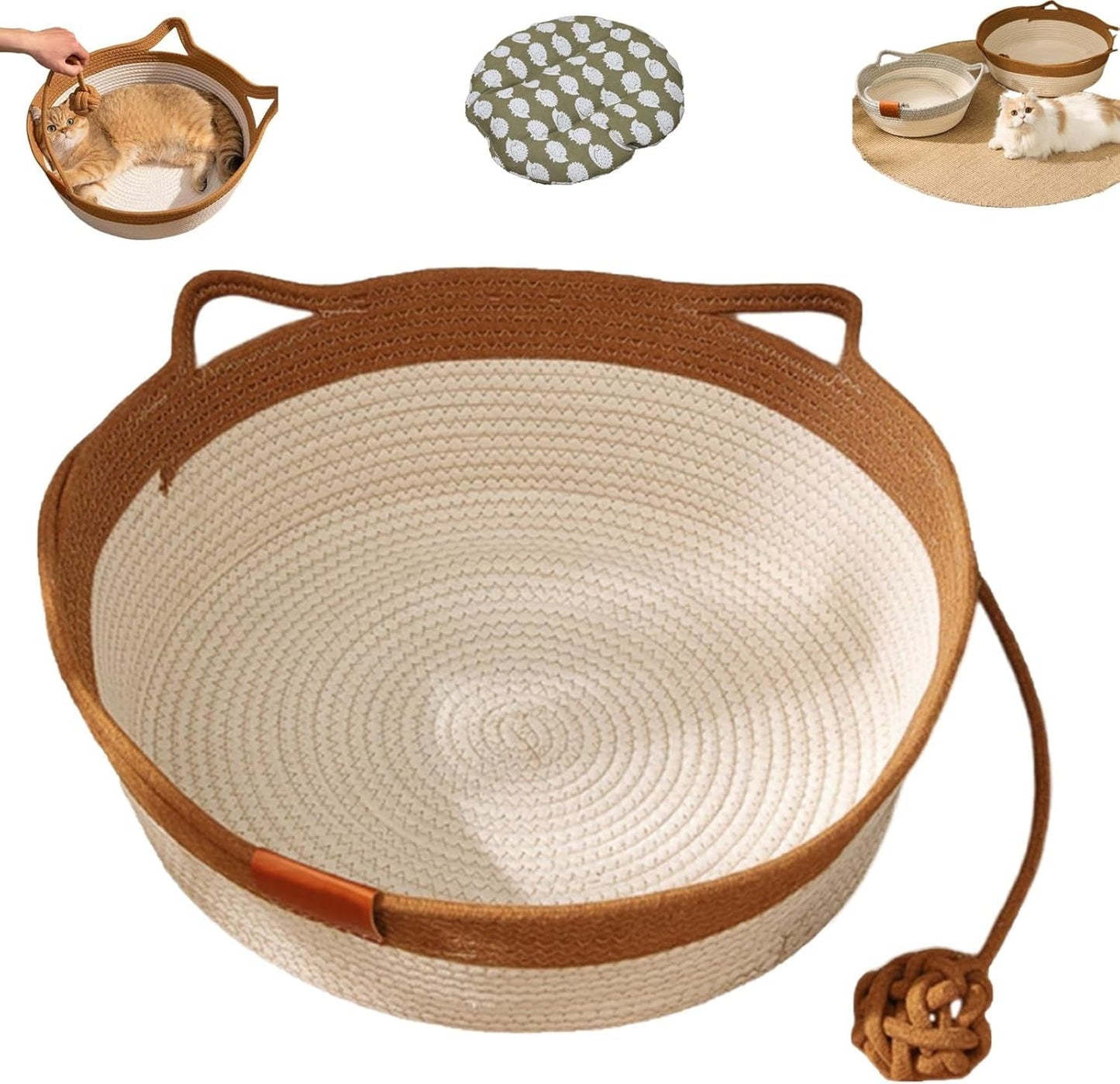 Stimulicat Cat Bed Rope Cotton, Stimuli cat Basket Bed, Cotton Rope Woven Round Cat Beds Basket with Built-in Teasing Ball, Handwoven Foldable Scratchable for Small & Large pet Brown