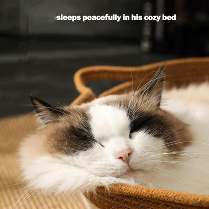 Stimulicat Cat Bed Rope Cotton, Stimuli cat Basket Bed, Cotton Rope Woven Round Cat Beds Basket with Built-in Teasing Ball, Handwoven Foldable Scratchable for Small & Large pet Brown