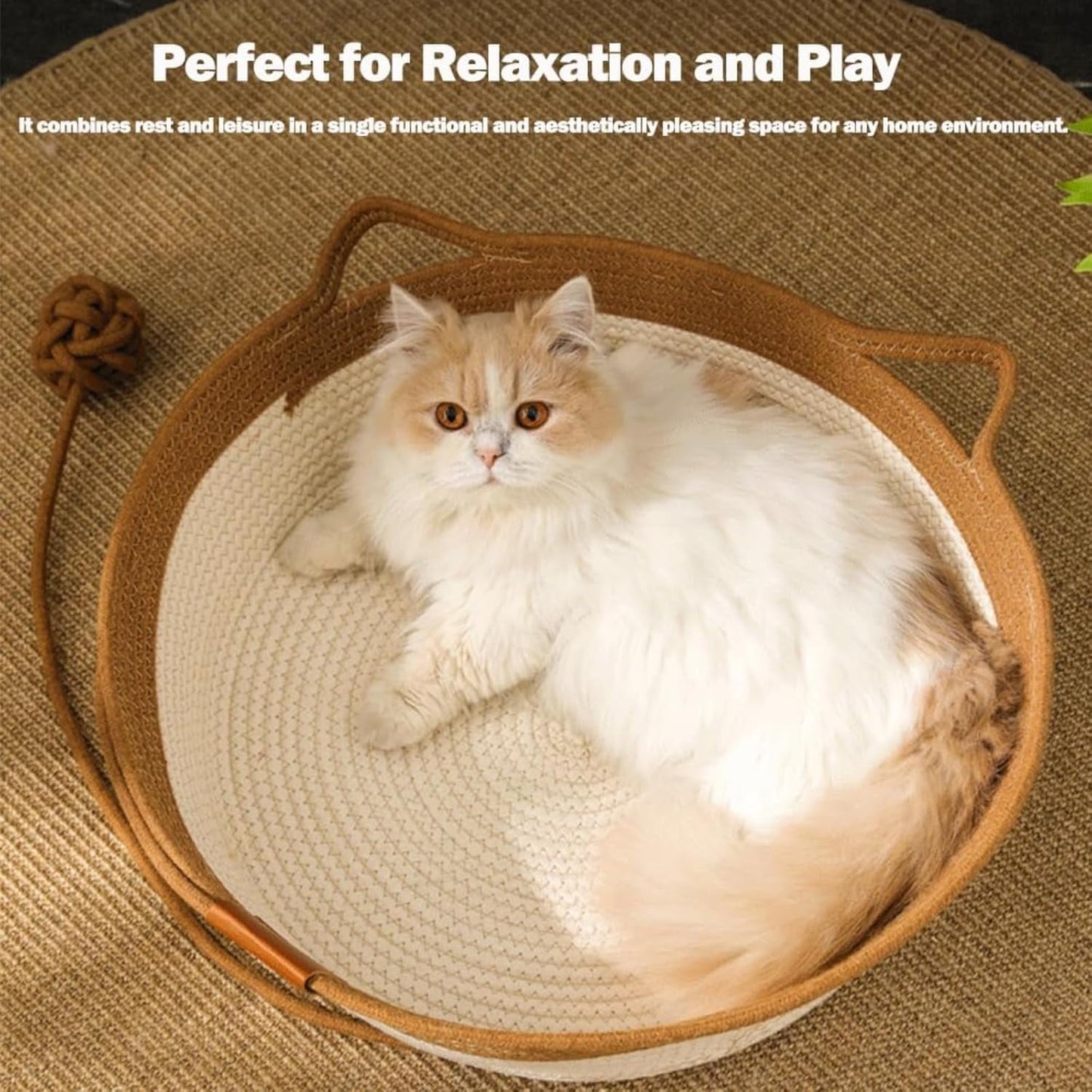 Stimulicat Cat Bed Rope Cotton, Stimuli cat Basket Bed, Cotton Rope Woven Round Cat Beds Basket with Built-in Teasing Ball, Handwoven Foldable Scratchable for Small & Large pet Brown