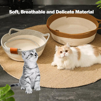 Stimulicat Cat Bed Rope Cotton, Stimuli cat Basket Bed, Cotton Rope Woven Round Cat Beds Basket with Built-in Teasing Ball, Handwoven Foldable Scratchable for Small & Large pet Brown