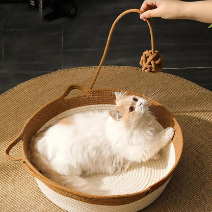 Stimulicat Cat Bed Rope Cotton, Stimuli cat Basket Bed, Cotton Rope Woven Round Cat Beds Basket with Built-in Teasing Ball, Handwoven Foldable Scratchable for Small & Large pet Brown
