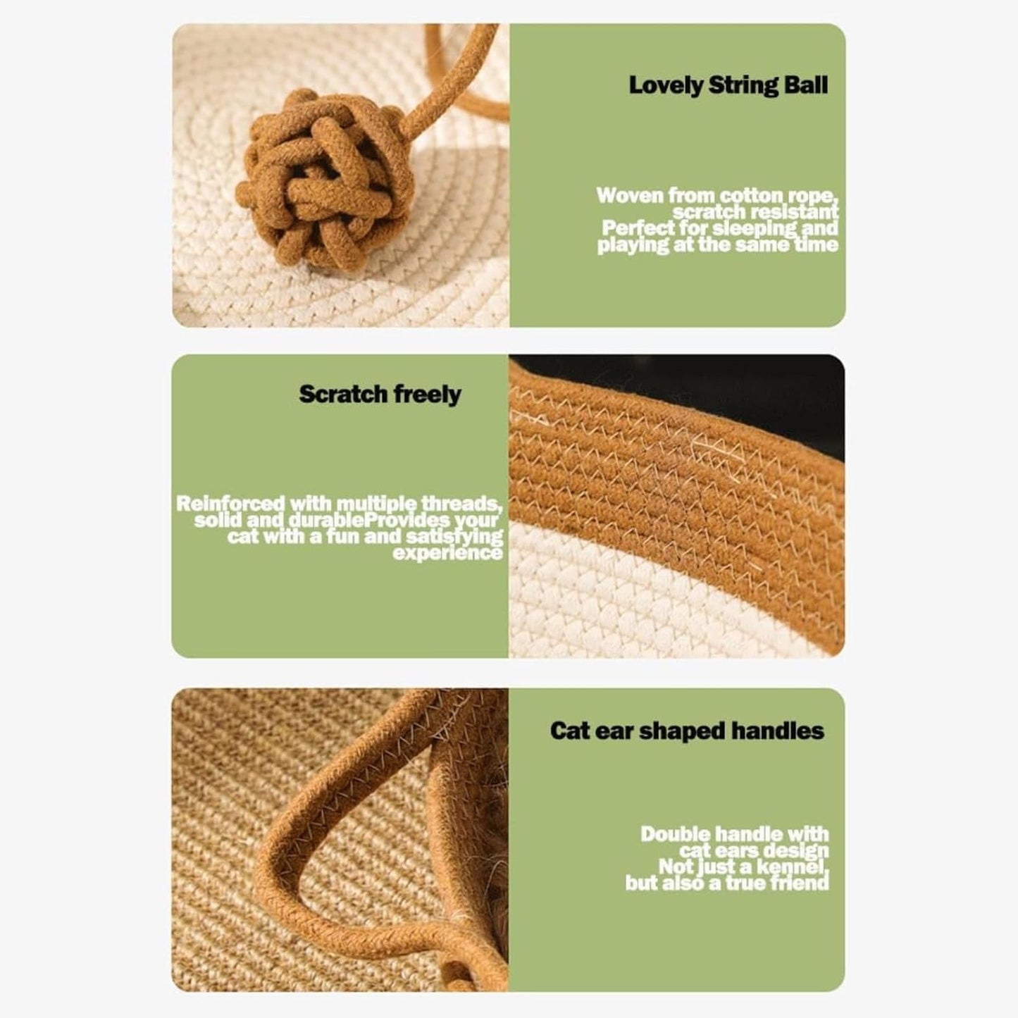 Stimulicat Cat Bed Rope Cotton, Stimuli cat Basket Bed, Cotton Rope Woven Round Cat Beds Basket with Built-in Teasing Ball, Handwoven Foldable Scratchable for Small & Large pet Brown