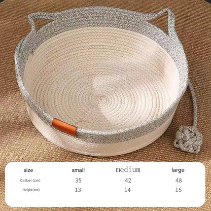 Stimulicat Cat Bed Rope Cotton, Stimuli cat Basket Bed, Cotton Rope Woven Round Cat Beds Basket with Built-in Teasing Ball, Handwoven Foldable Scratchable for Small & Large pet Brown