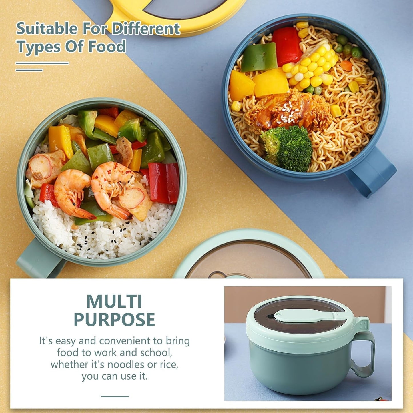 Ramen BBlueowl, Soup Bowls, Microwave Ramen Bowl with Lid, Lunch Box with Lid, Durable and Heat Resistant Bowl for Noodles, Rice, and Soups, Perfect for Home, Office, or School Meals， Z2_Green