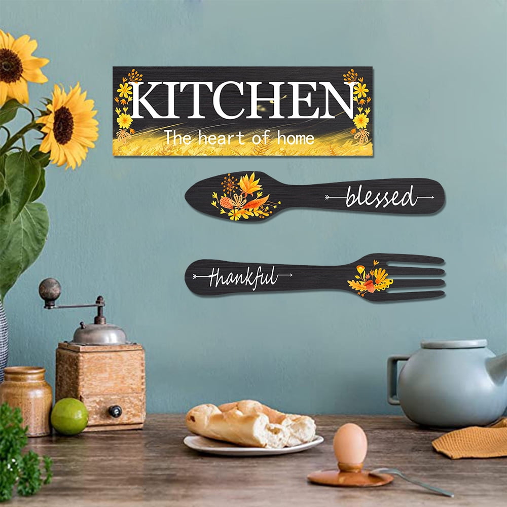 3 Pieces Sunflower Kitchen Decor Spring Decorations Blessed Thankful Wooden Hanging Sign Sunflower Gifts Wall Art Decor Farmhouse Summer Home Decor for Kitchen black