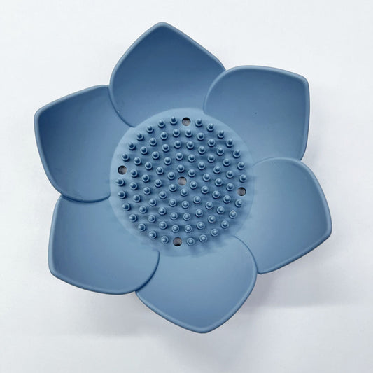 Silicone Soap Dishes with Draining - Lotus Shaped Bathroom Bar Soap Holder for Shower - Soap Tray for Kitchen Sink - Floral Shape Soap Saver for Counter Bathtub(1/4 Pack) Blue