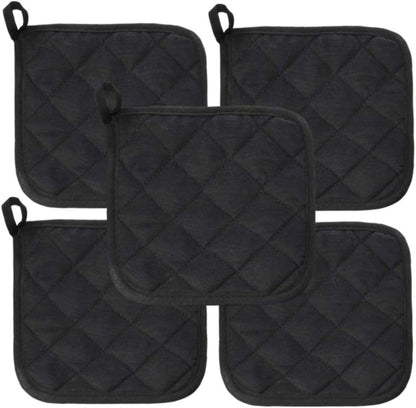 5Pcs Kitchen Pot Holders Set Heat Resistant Pure Cotton Potholders Kit Trivets Large Coasters Hot Pads Pot Holders for Everyday Cooking and Baking by 6.5 x 6.5 Inch Black