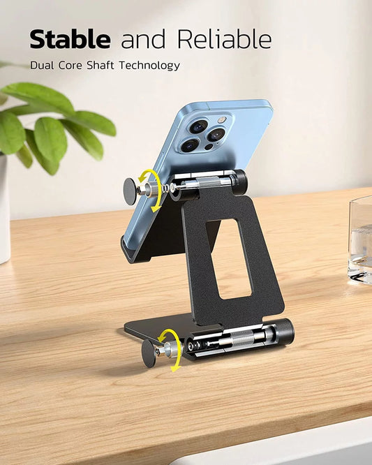 Dual Folding Cell Phone Stand, Fully Adjustable Foldable Desktop Phone Holder Cradle Dock Compatible with Phone 15 14 13 12 11 Pro Xs Xs Max Xr X 8, Nintendo Switch, All Phones- Black