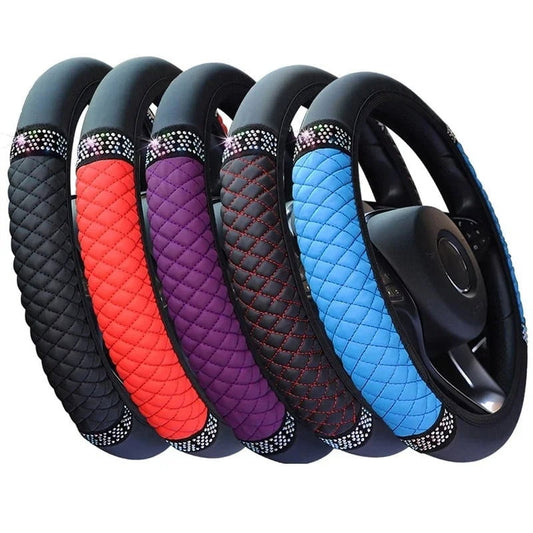 Universal Car Steering Wheel Cover 37-38cm Leather Embroidered Color Diamond-Studded Elastic Four Seasons Steering Wheel Cover Black Blue
