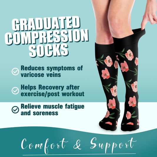 6Pairs Compression Socks for Women and Men - Best for Circulation, Running, Athletic, Recover, Nurse, Travel L/XL 06 Black Flower