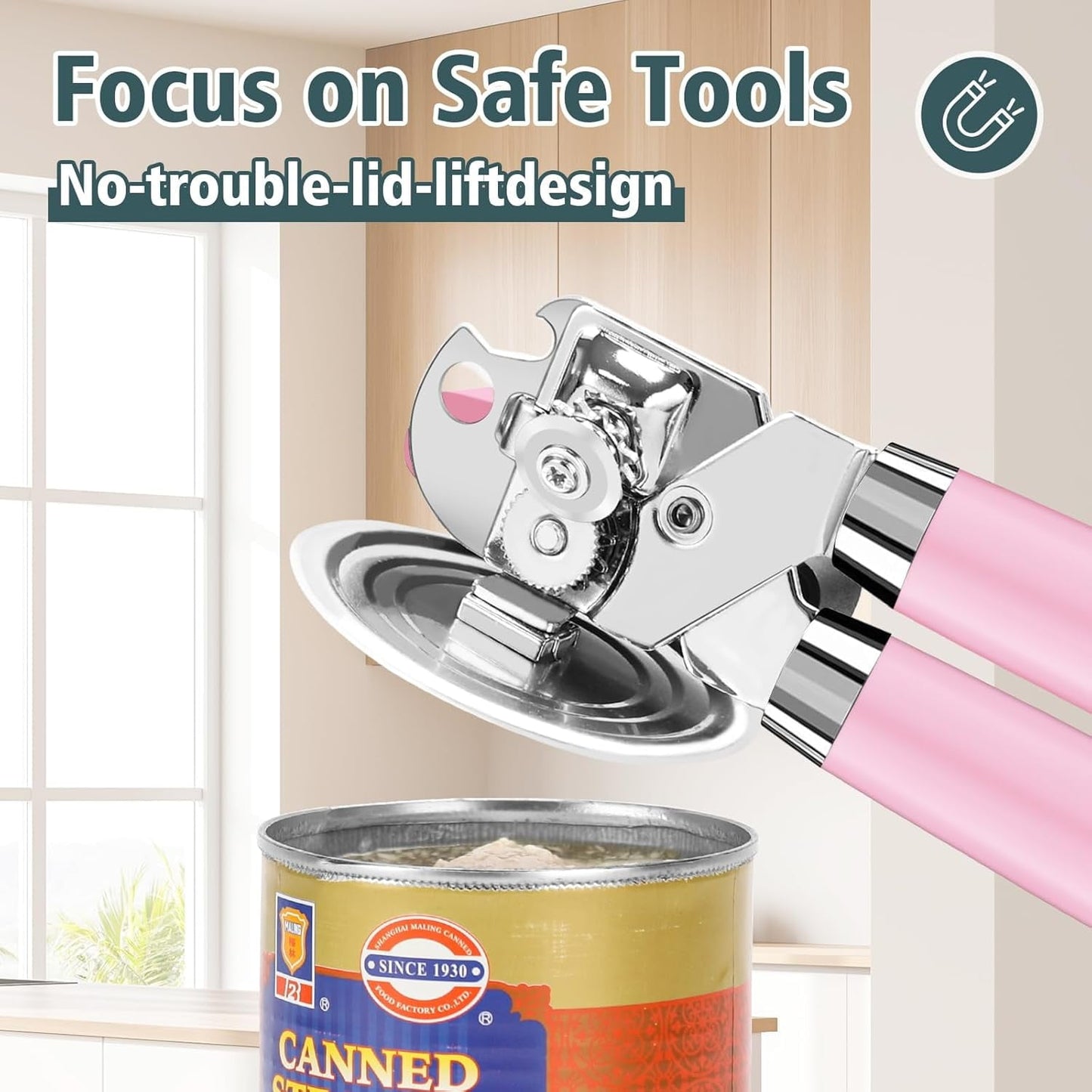 SHAOTELLME Stainless Steel Can Opener Manual Multifunctional Labor Saving Can Opener Kitchen Creative Can Opener Tool Easily Open Cans Of Various Sizes, 3PC pink