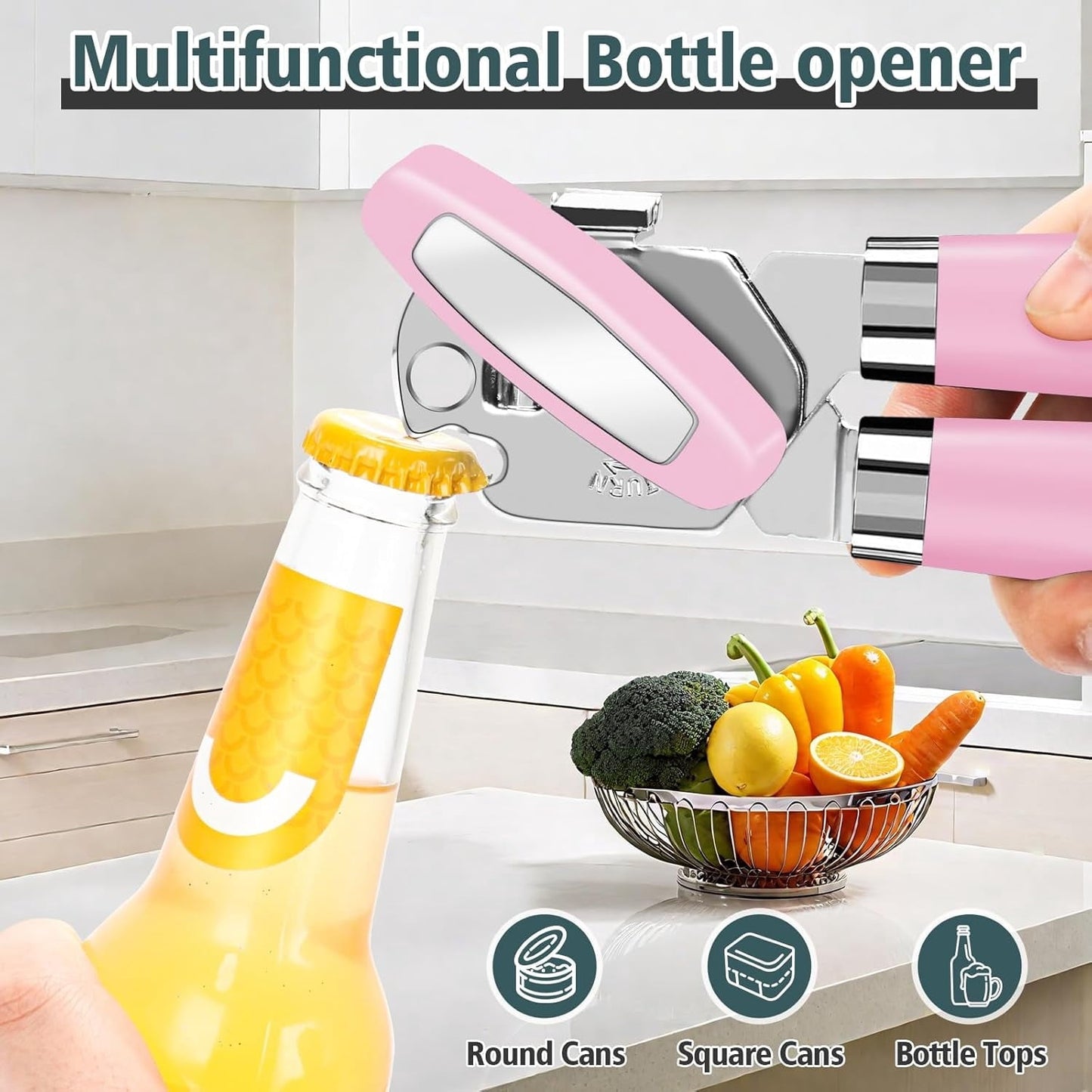 SHAOTELLME Stainless Steel Can Opener Manual Multifunctional Labor Saving Can Opener Kitchen Creative Can Opener Tool Easily Open Cans Of Various Sizes, 3PC pink