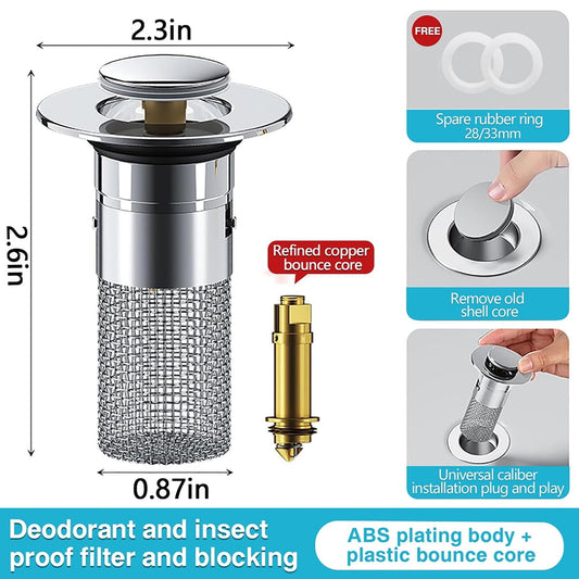2Pcs Bathroom Sink Stopper Hair Catcher, Pop-up Sink Drain Strainer with Removable Stainless Steel Strainer Basket Hair Catcher, Bathroom Sink Strainer for Bathroom Sink Stopper Replacement