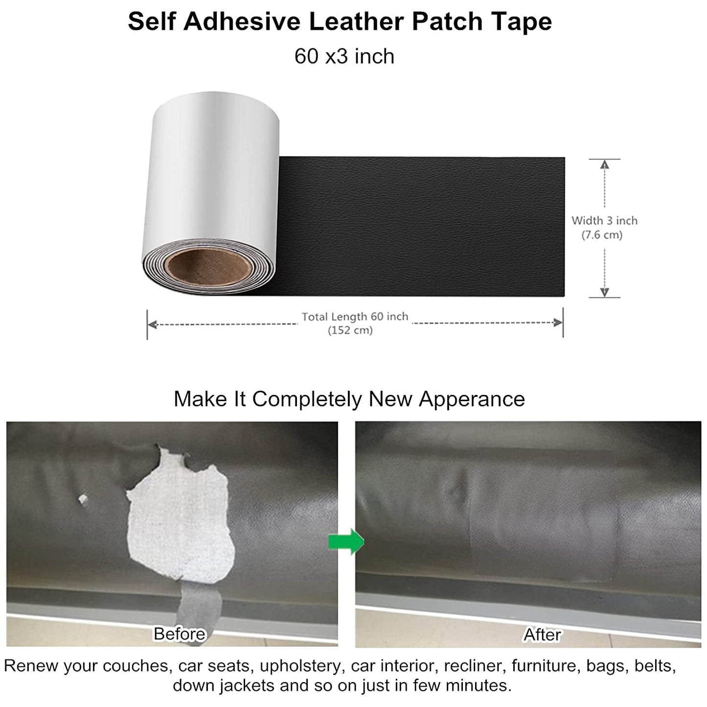 Miaochuan 3 x 60 Inch Self Adhesive Leather Repair Patch Tape, and Leather Repair Kit for Couches, Furniture, Car Seat, Boat Seat, Sofa, Upholstery, Chair, Interior(Ivory Brown) 3" x 60" Dark Red