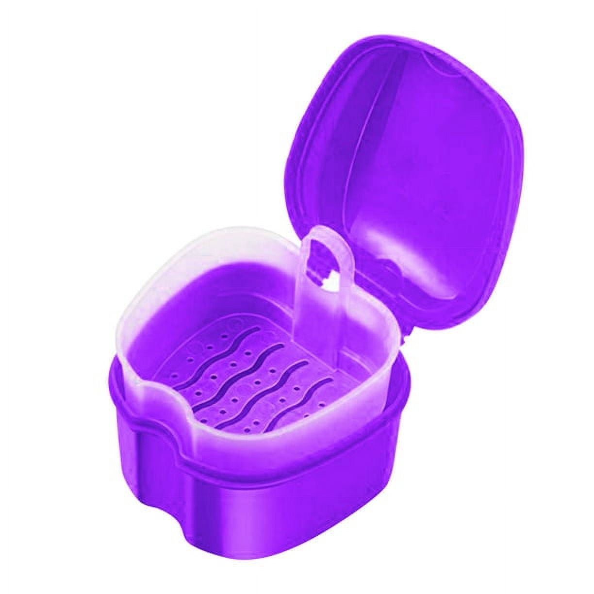 Denture Bath Case Cup Box Holder Storage Container with Denture Cleaner Brush Strainer Basket for Travel Cleaning Purple