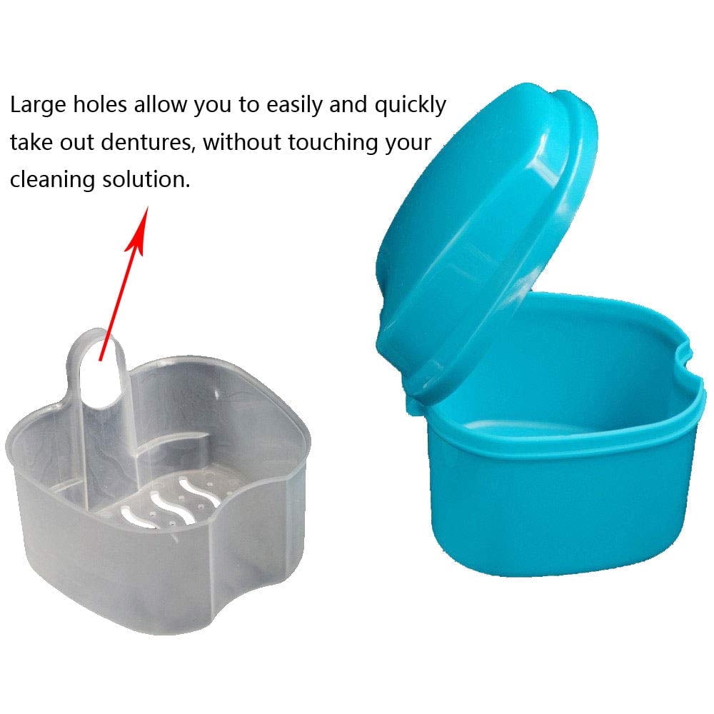 Denture Bath Case Cup Box Holder Storage Container with Denture Cleaner Brush Strainer Basket for Travel Cleaning Purple