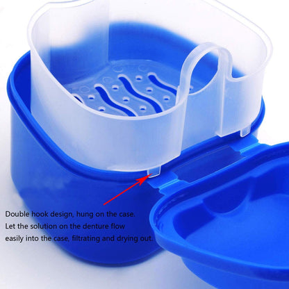 Denture Bath Case Cup Box Holder Storage Container with Denture Cleaner Brush Strainer Basket for Travel Cleaning Purple