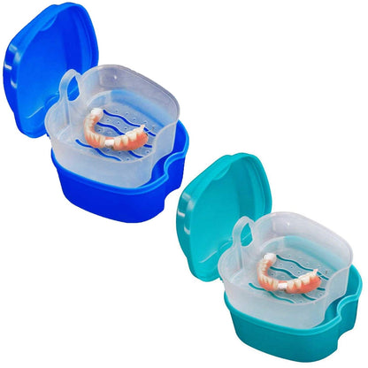 Denture Bath Case Cup Box Holder Storage Container with Denture Cleaner Brush Strainer Basket for Travel Cleaning Purple