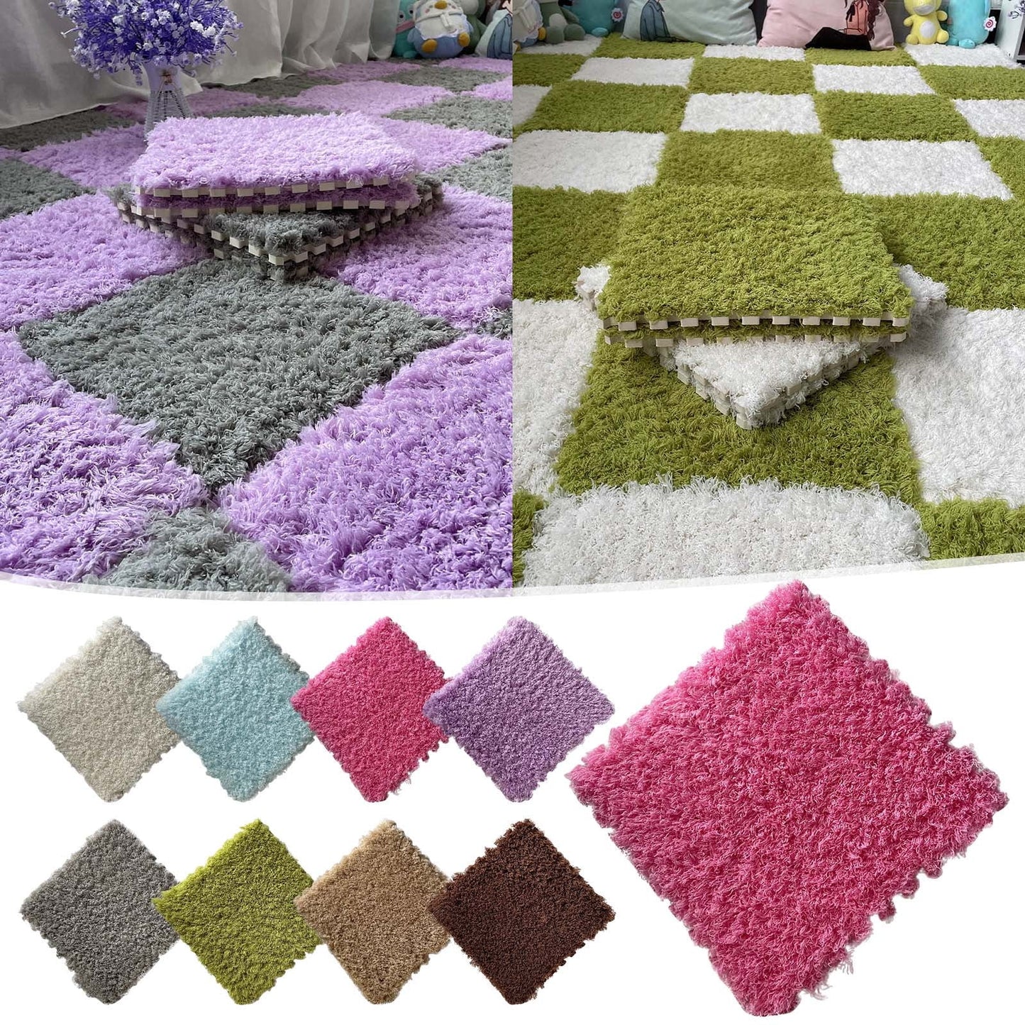 Tyidzon Puzzle Carpet Squares Soft Furry Play Mat Tiles for Home Playroom Decoration Cozy Climbing Area Rug for Kids Family Activity Spaces, Gray Green
