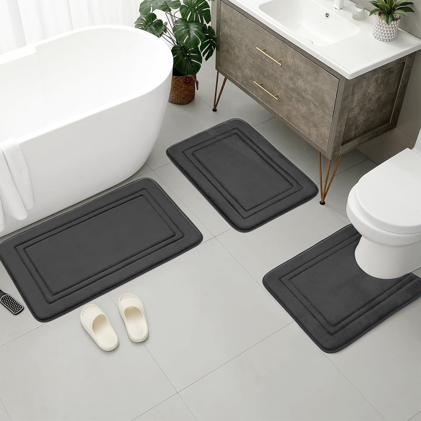 Tyidzon Bathroom Rugs Sets 3 Piece, Bath Mat Universal Soft Comfortable Water Absorption Non Slip Machine Washable Easy Dry Bathroom Mat Gray