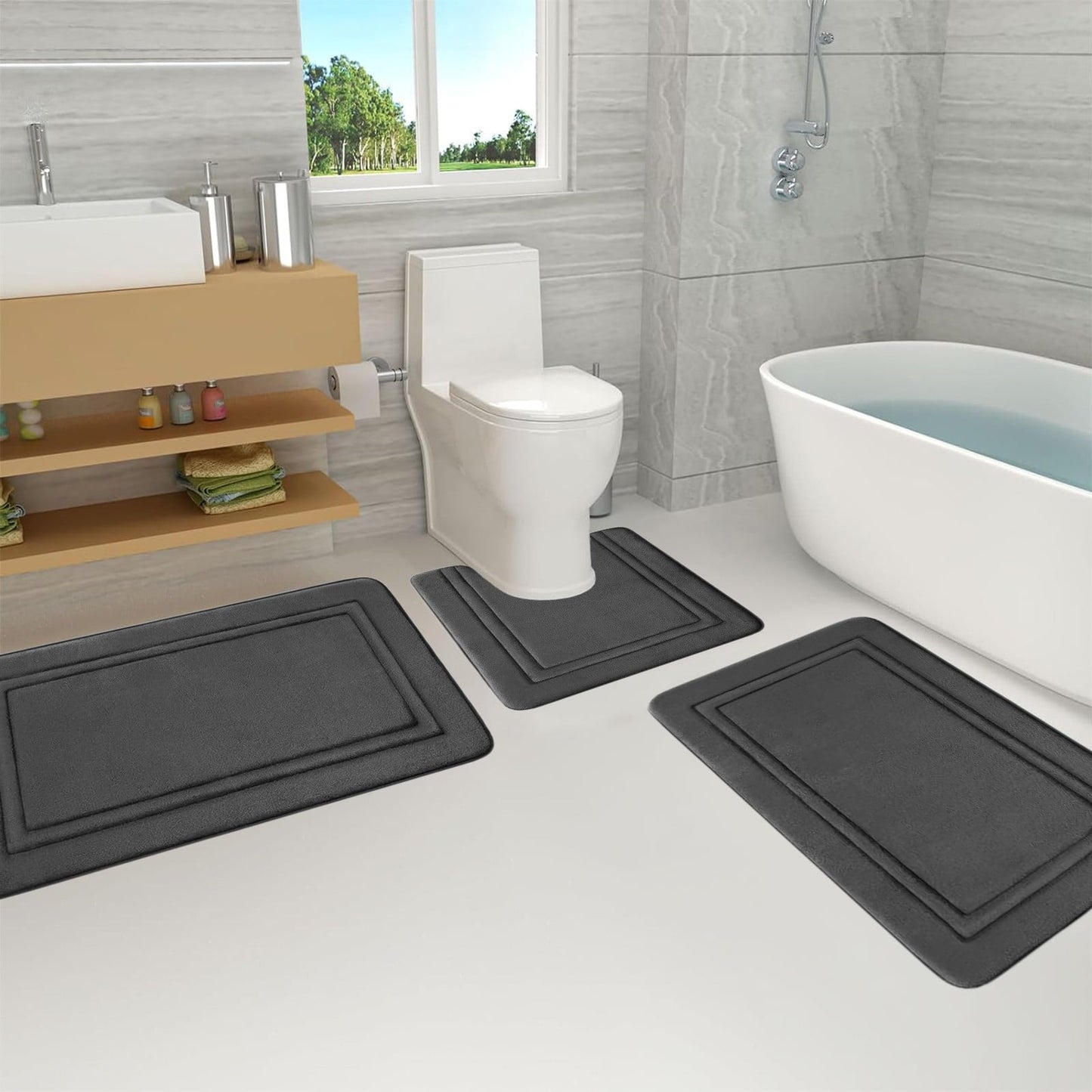 Tyidzon Bathroom Rugs Sets 3 Piece, Bath Mat Universal Soft Comfortable Water Absorption Non Slip Machine Washable Easy Dry Bathroom Mat Gray