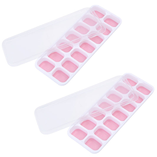 PALIFEUR Silicone Ice Cube Tray 2 Pack Easy-Release & Flexible 14-Ice Cube Trays with Avoid Spill Removable Lid, Stackable Ice Trays with Ice Covers for Freezer Pink