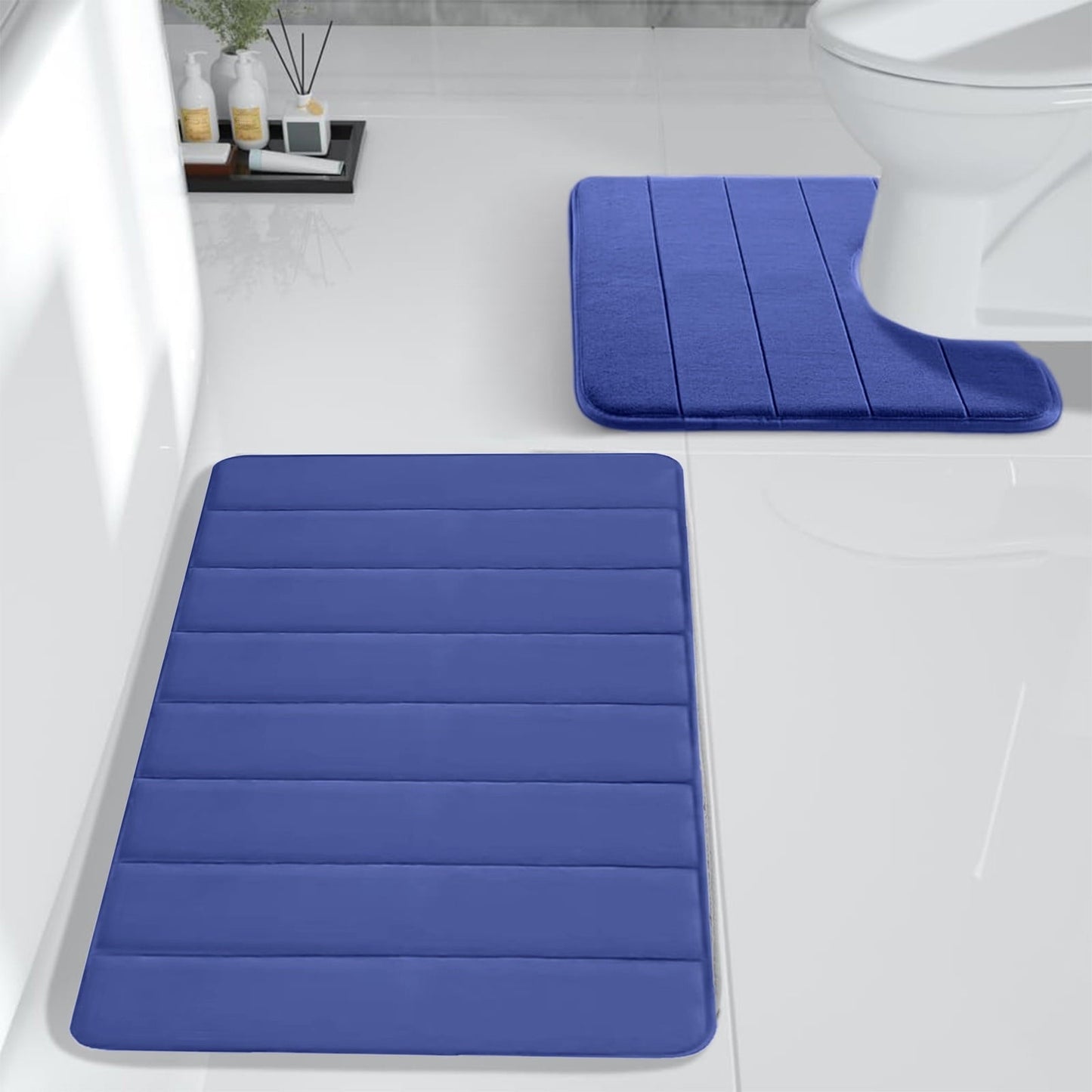 PALIFEUR Memory Foam Toilet Rug, Non-Slip Bathroom Rugs, Toilet Rugs U Shaped Washable, Commode Contour Rug, Soft Comfortable Super Water Absorption #2_Blue
