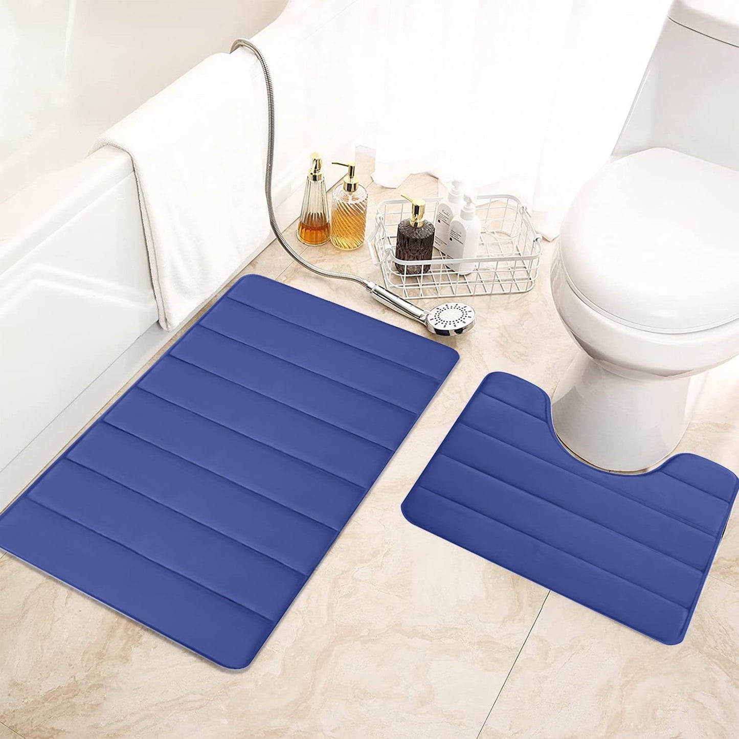 PALIFEUR Memory Foam Toilet Rug, Non-Slip Bathroom Rugs, Toilet Rugs U Shaped Washable, Commode Contour Rug, Soft Comfortable Super Water Absorption #2_Blue