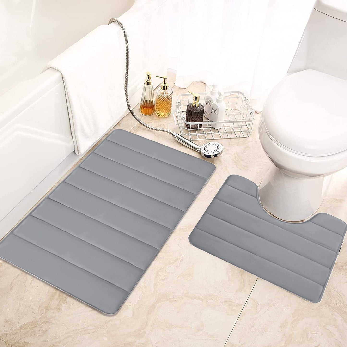 PALIFEUR Memory Foam Toilet Rug, Non-Slip Bathroom Rugs, Toilet Rugs U Shaped Washable, Commode Contour Rug, Soft Comfortable Super Water Absorption #2_Gray