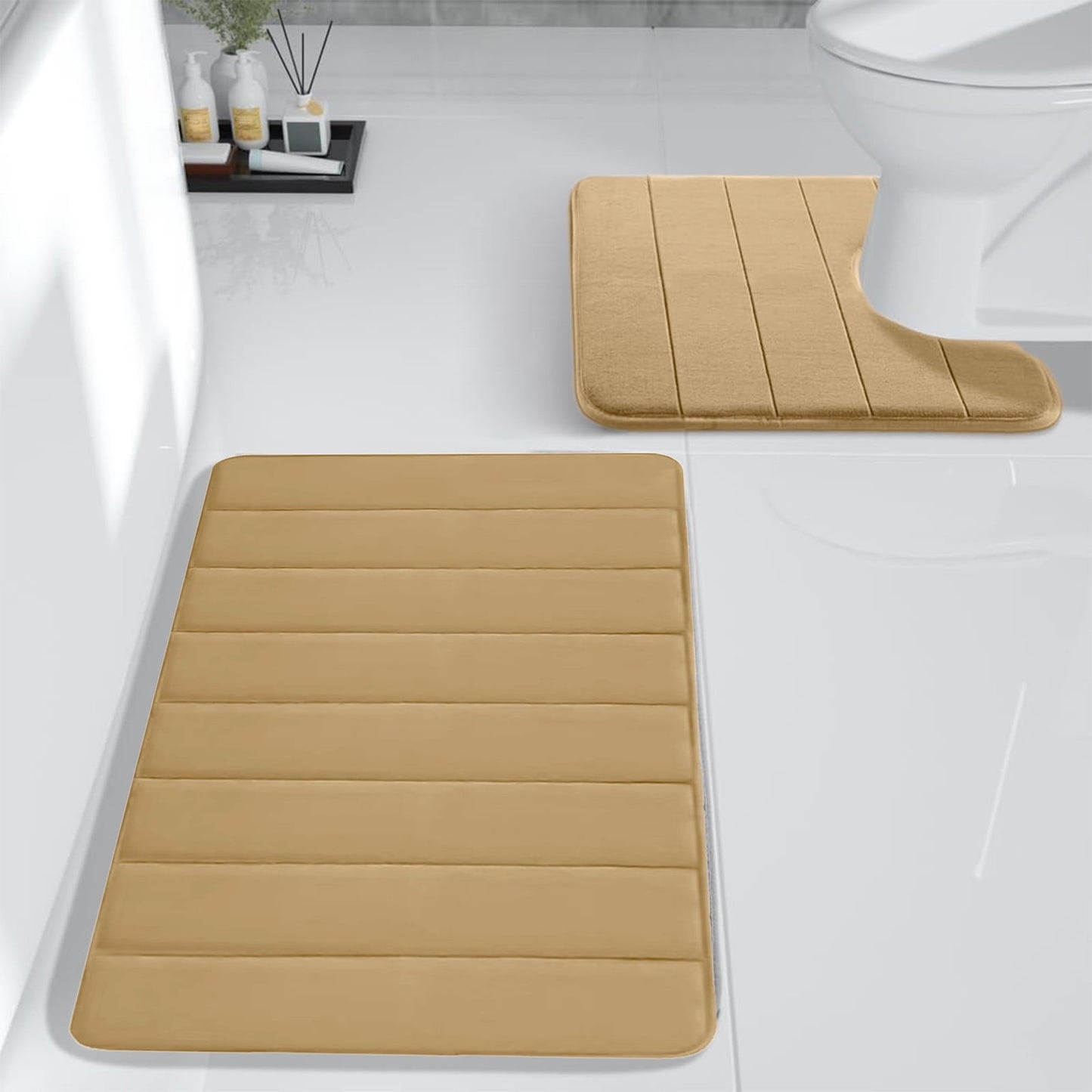 PALIFEUR Memory Foam Toilet Rug, Non-Slip Bathroom Rugs, Toilet Rugs U Shaped Washable, Commode Contour Rug, Soft Comfortable Super Water Absorption #2_Khaki
