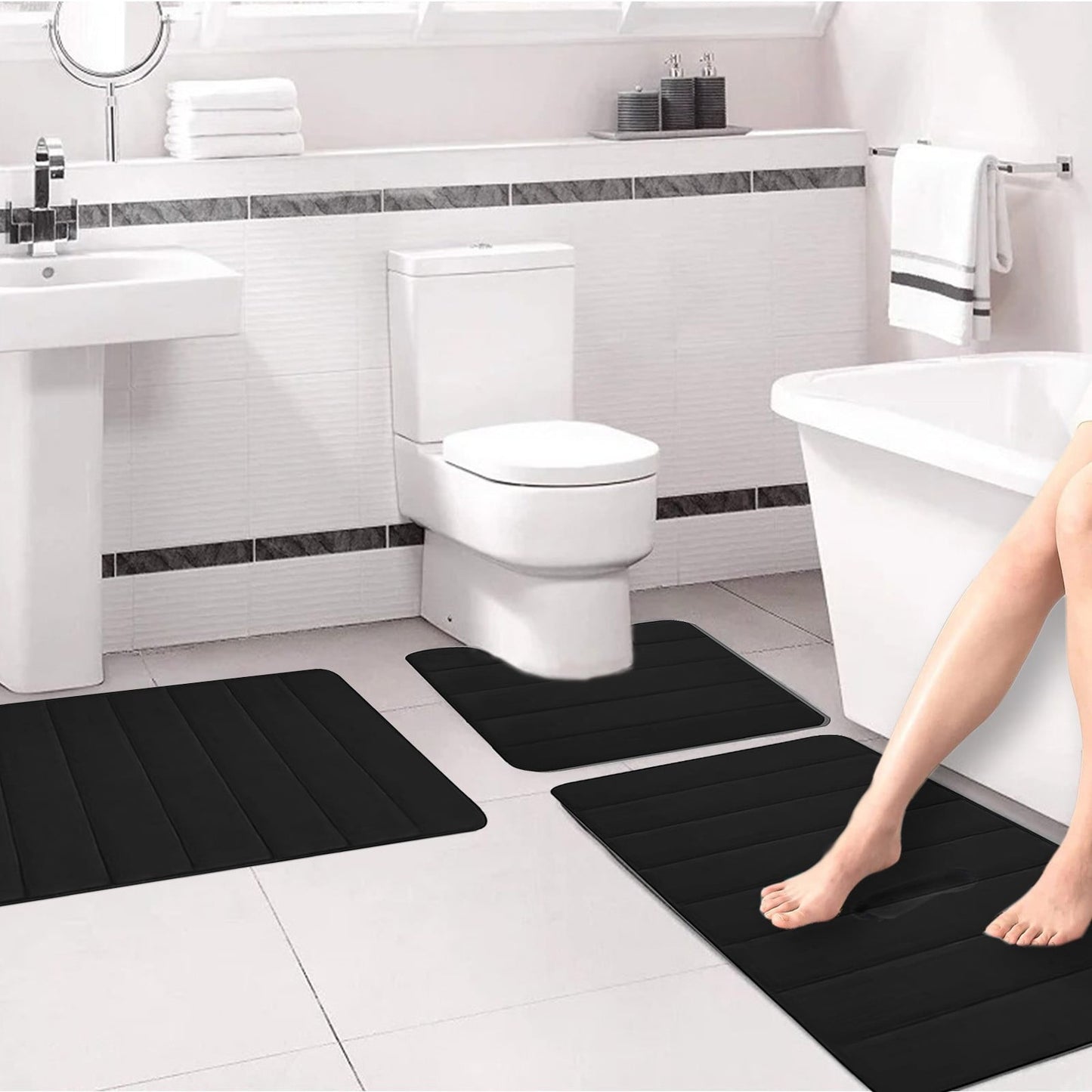 PALIFEUR Memory Foam Toilet Rug, Non-Slip Bathroom Rugs, Toilet Rugs U Shaped Washable, Commode Contour Rug, Soft Comfortable Super Water Absorption #3_Black