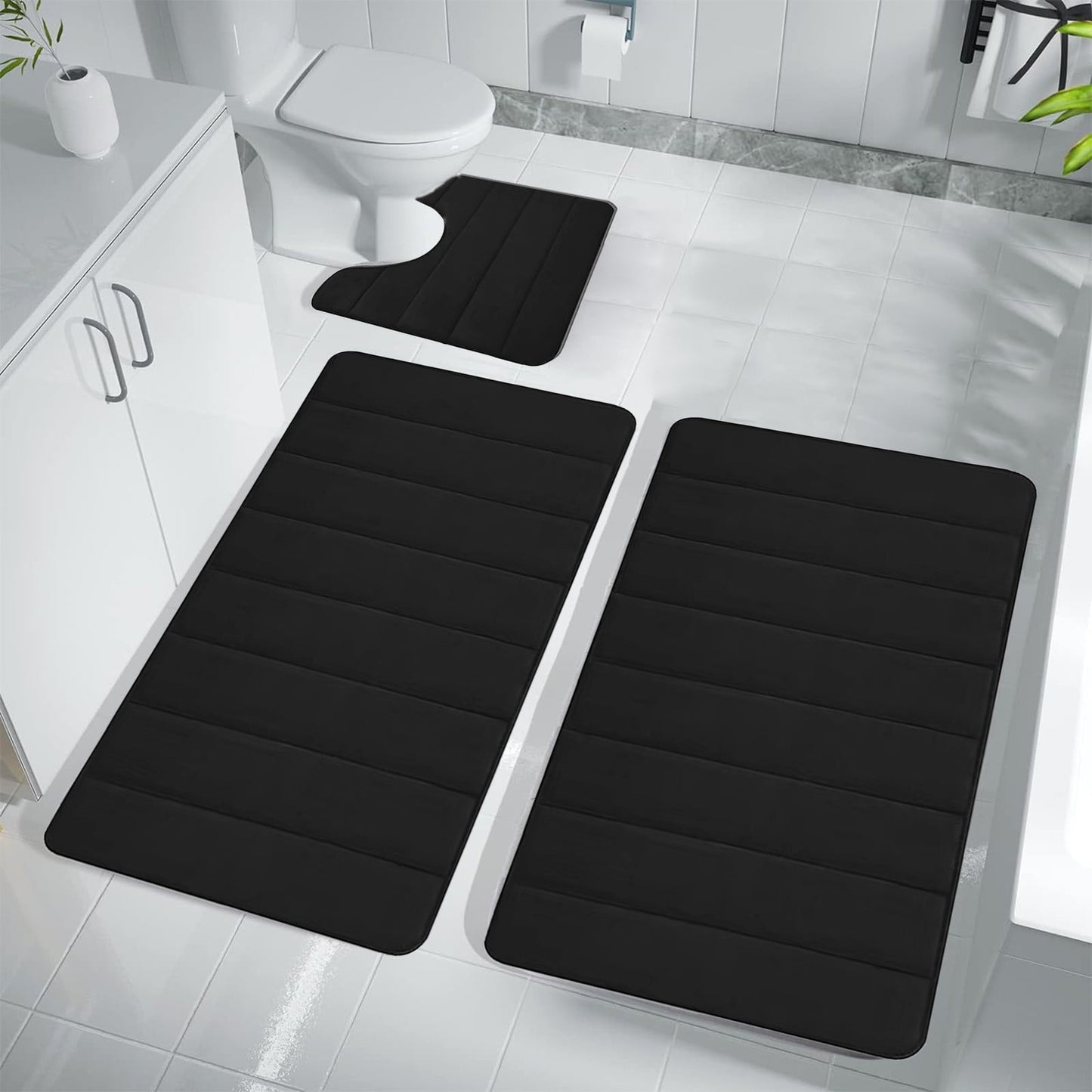 PALIFEUR Memory Foam Toilet Rug, Non-Slip Bathroom Rugs, Toilet Rugs U Shaped Washable, Commode Contour Rug, Soft Comfortable Super Water Absorption #3_Black