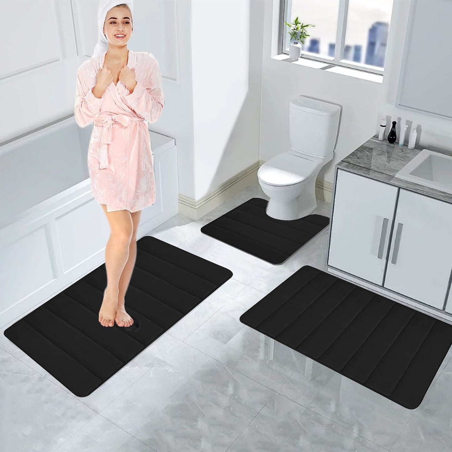 PALIFEUR Memory Foam Toilet Rug, Non-Slip Bathroom Rugs, Toilet Rugs U Shaped Washable, Commode Contour Rug, Soft Comfortable Super Water Absorption #3_Black