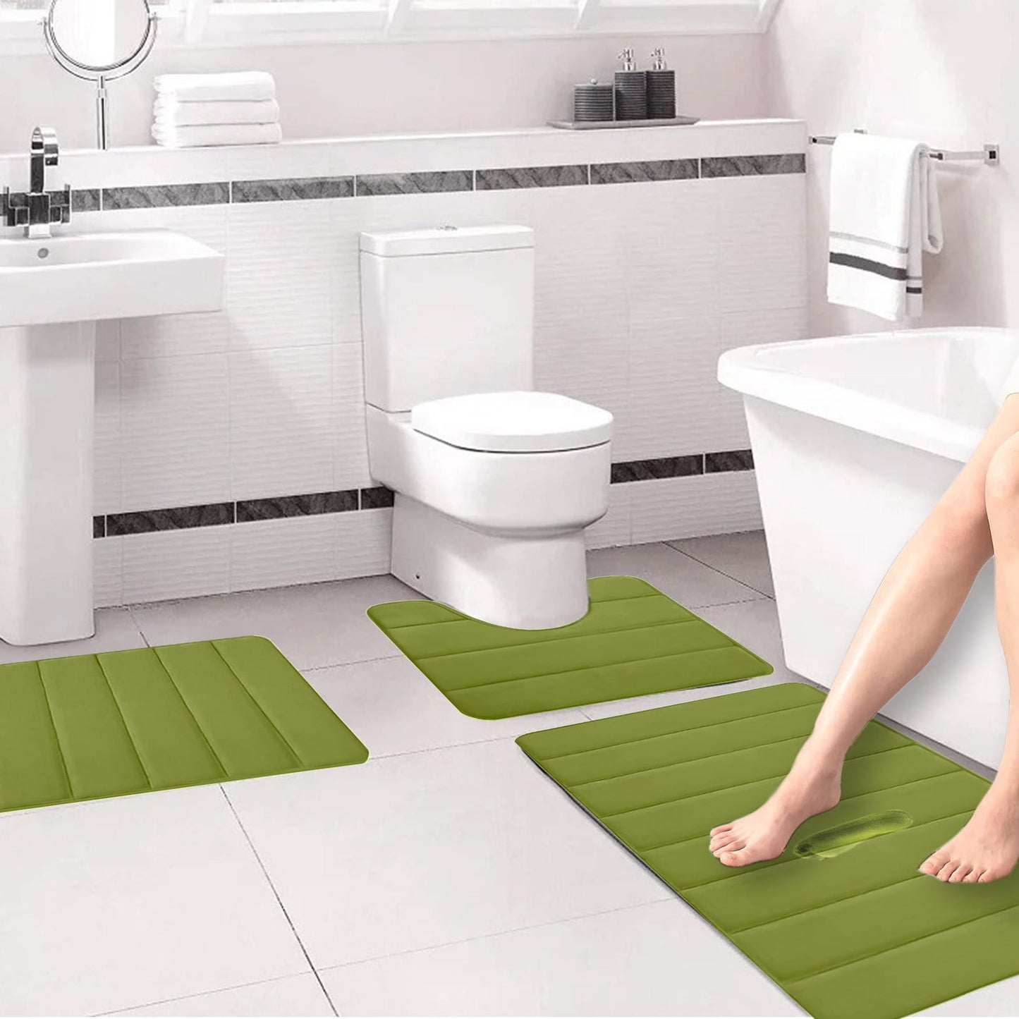PALIFEUR Memory Foam Toilet Rug, Non-Slip Bathroom Rugs, Toilet Rugs U Shaped Washable, Commode Contour Rug, Soft Comfortable Super Water Absorption #3_Green
