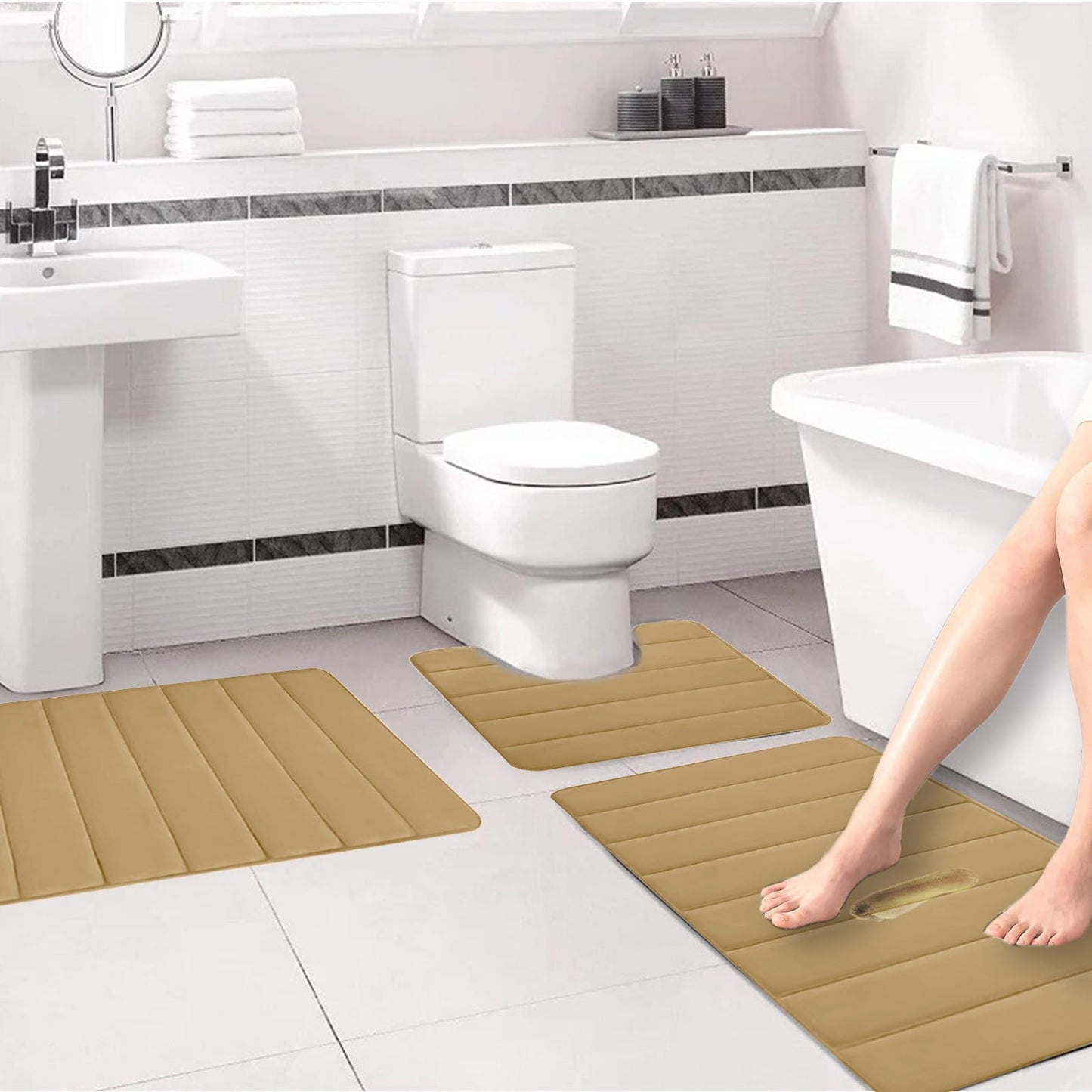 PALIFEUR Memory Foam Toilet Rug, Non-Slip Bathroom Rugs, Toilet Rugs U Shaped Washable, Commode Contour Rug, Soft Comfortable Super Water Absorption #3_Khaki