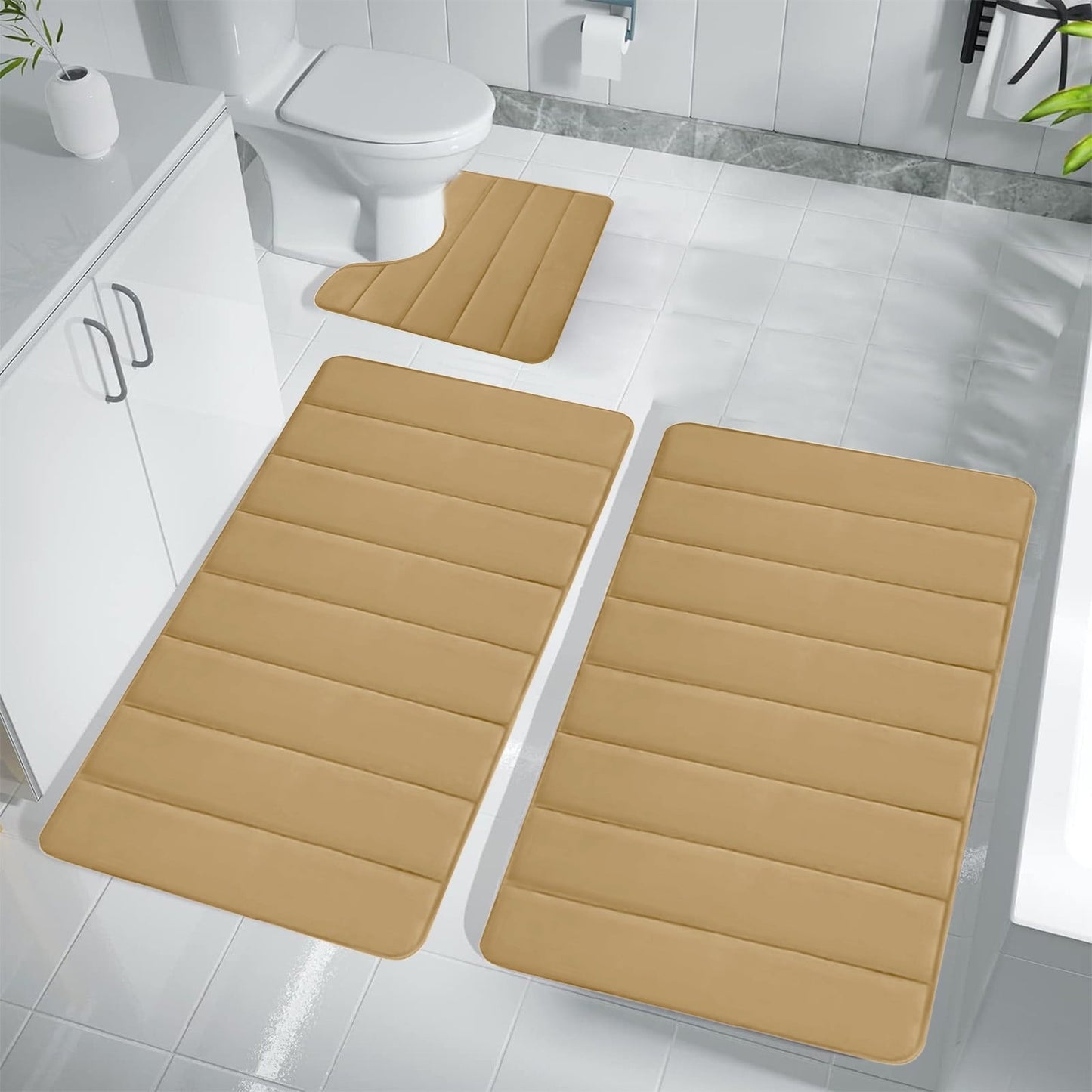 PALIFEUR Memory Foam Toilet Rug, Non-Slip Bathroom Rugs, Toilet Rugs U Shaped Washable, Commode Contour Rug, Soft Comfortable Super Water Absorption #3_Khaki