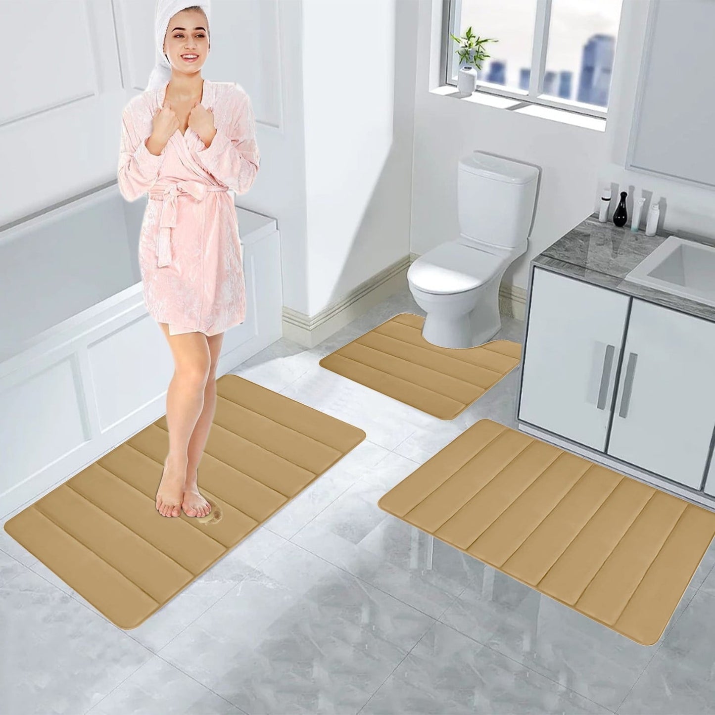 PALIFEUR Memory Foam Toilet Rug, Non-Slip Bathroom Rugs, Toilet Rugs U Shaped Washable, Commode Contour Rug, Soft Comfortable Super Water Absorption #3_Khaki