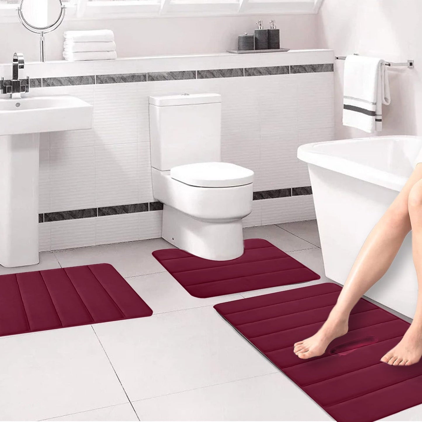 PALIFEUR Memory Foam Toilet Rug, Non-Slip Bathroom Rugs, Toilet Rugs U Shaped Washable, Commode Contour Rug, Soft Comfortable Super Water Absorption #3_Red