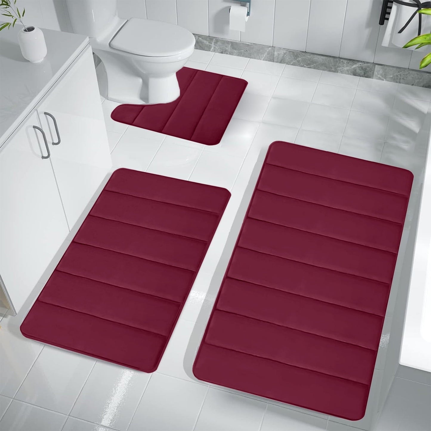 PALIFEUR Memory Foam Toilet Rug, Non-Slip Bathroom Rugs, Toilet Rugs U Shaped Washable, Commode Contour Rug, Soft Comfortable Super Water Absorption #3_Red