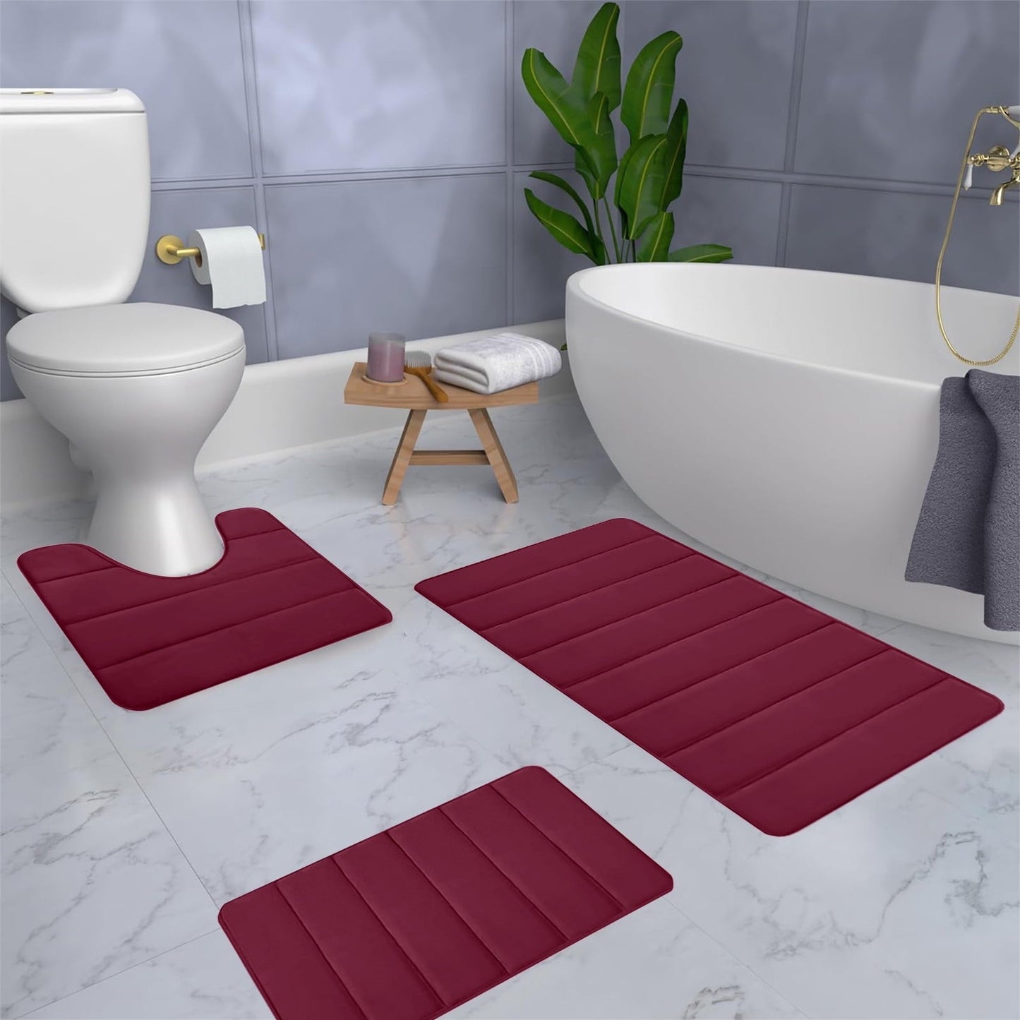 PALIFEUR Memory Foam Toilet Rug, Non-Slip Bathroom Rugs, Toilet Rugs U Shaped Washable, Commode Contour Rug, Soft Comfortable Super Water Absorption #3_Red