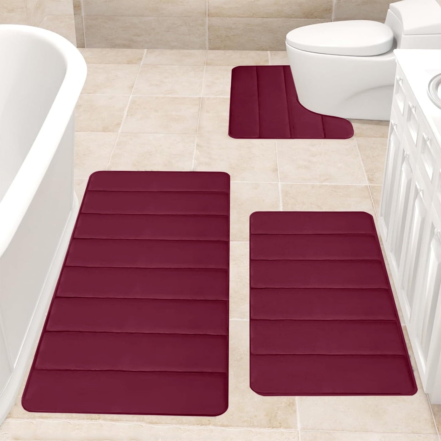 PALIFEUR Memory Foam Toilet Rug, Non-Slip Bathroom Rugs, Toilet Rugs U Shaped Washable, Commode Contour Rug, Soft Comfortable Super Water Absorption #3_Red