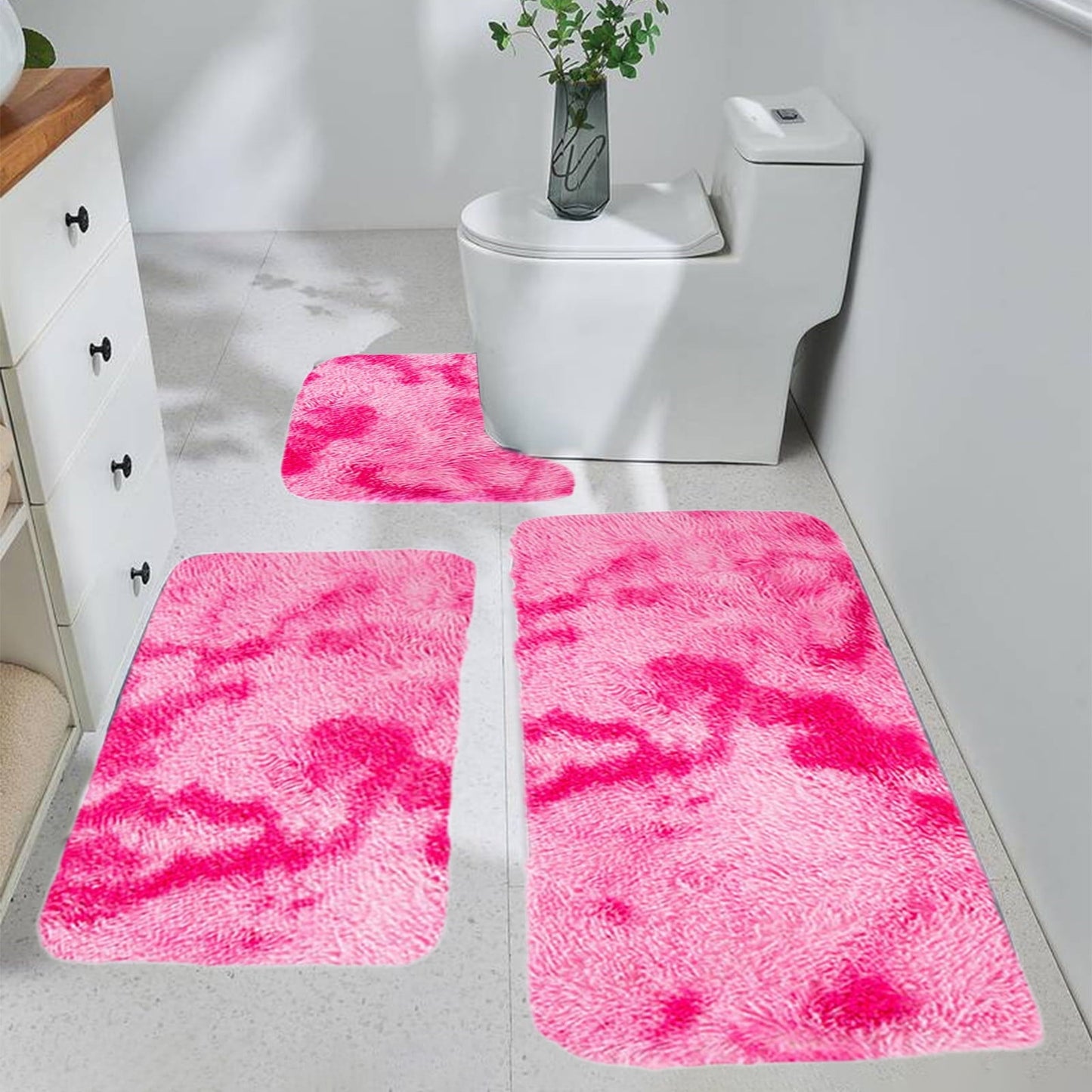 Tyidzon 5Pc Bath Mats for Bathroom, Quick-Dry Bathroom Rugs Sets Washable Non-Slip Bath Mat Ultra Soft Absorbent with U-Shaped Toilet for Bathroom, Tub, Shower, Gray 01-Pink
