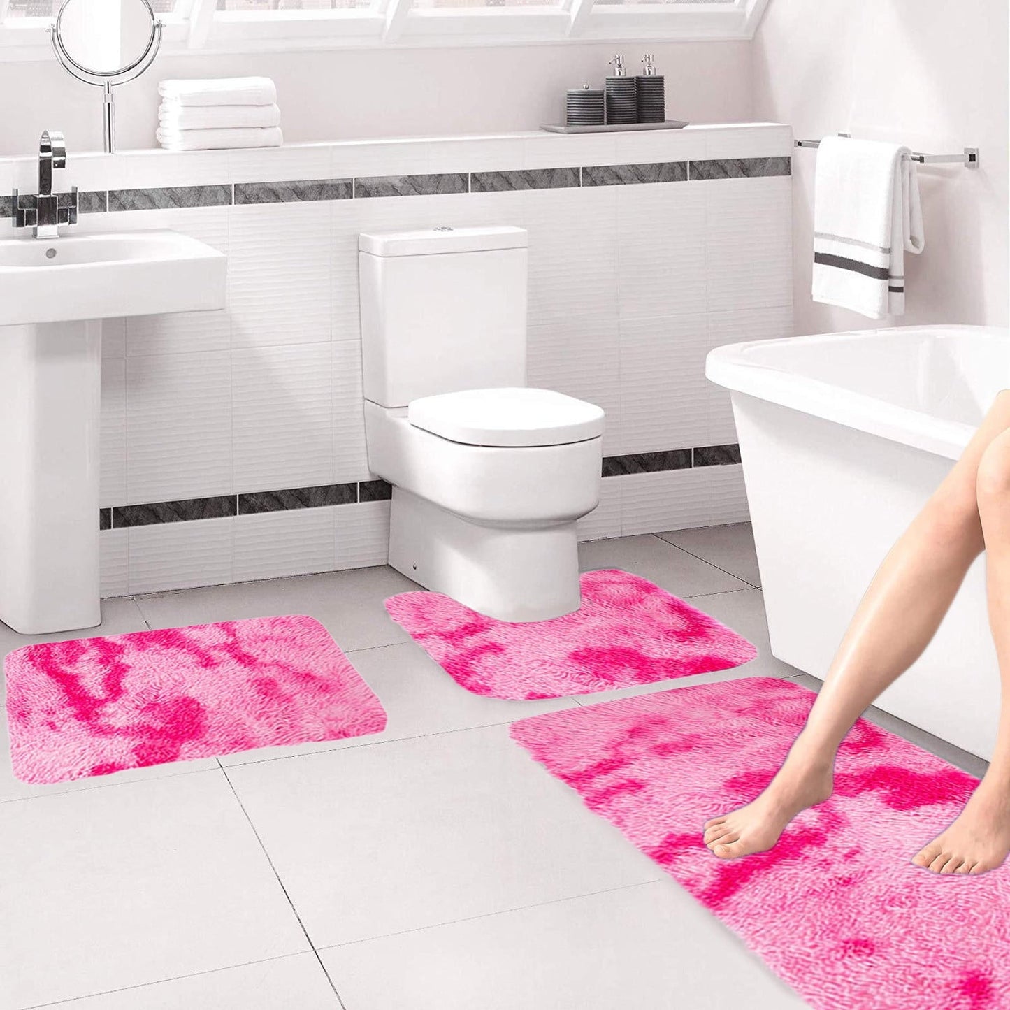 Tyidzon 5Pc Bath Mats for Bathroom, Quick-Dry Bathroom Rugs Sets Washable Non-Slip Bath Mat Ultra Soft Absorbent with U-Shaped Toilet for Bathroom, Tub, Shower, Gray 01-Pink