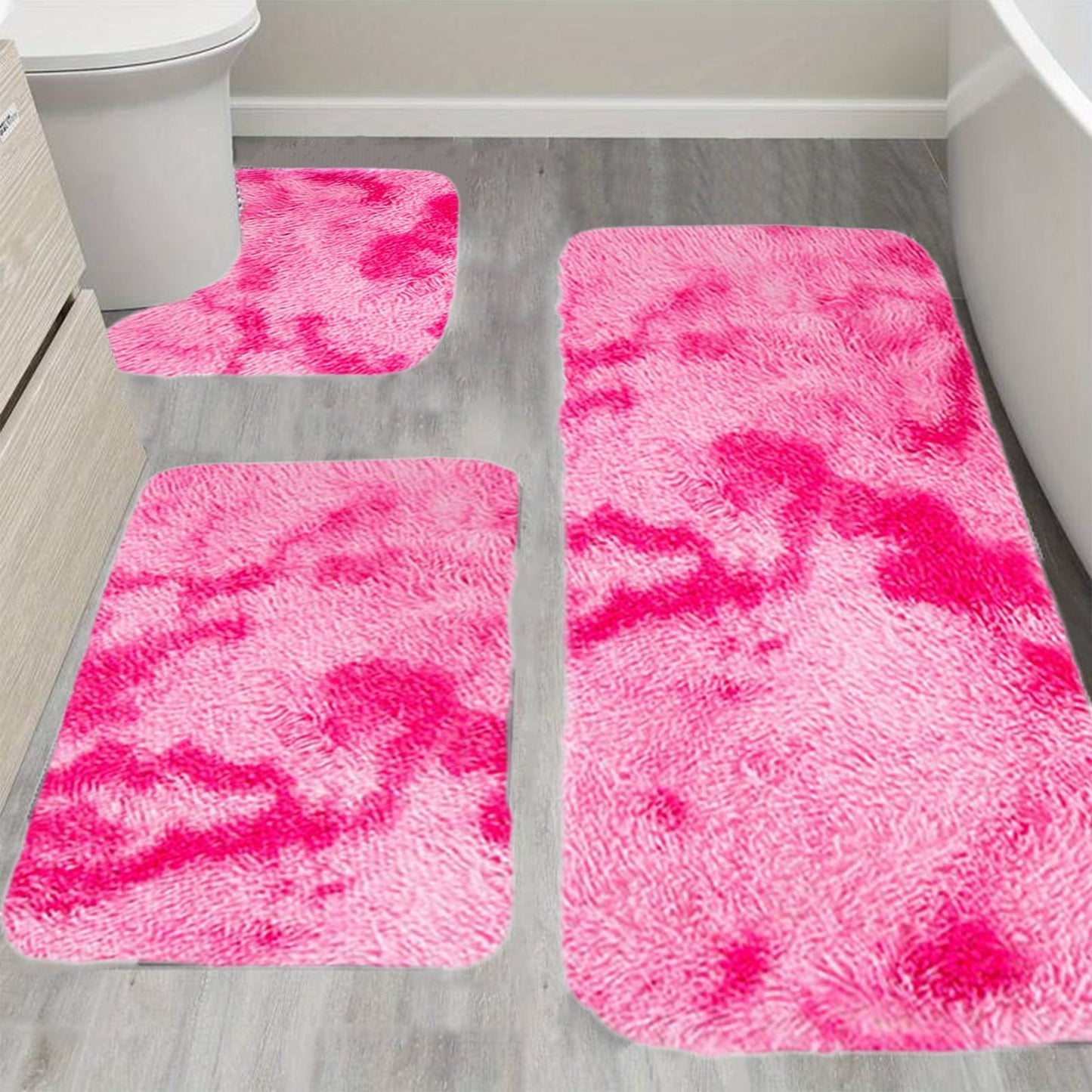 Tyidzon 5Pc Bath Mats for Bathroom, Quick-Dry Bathroom Rugs Sets Washable Non-Slip Bath Mat Ultra Soft Absorbent with U-Shaped Toilet for Bathroom, Tub, Shower, Gray 01-Pink