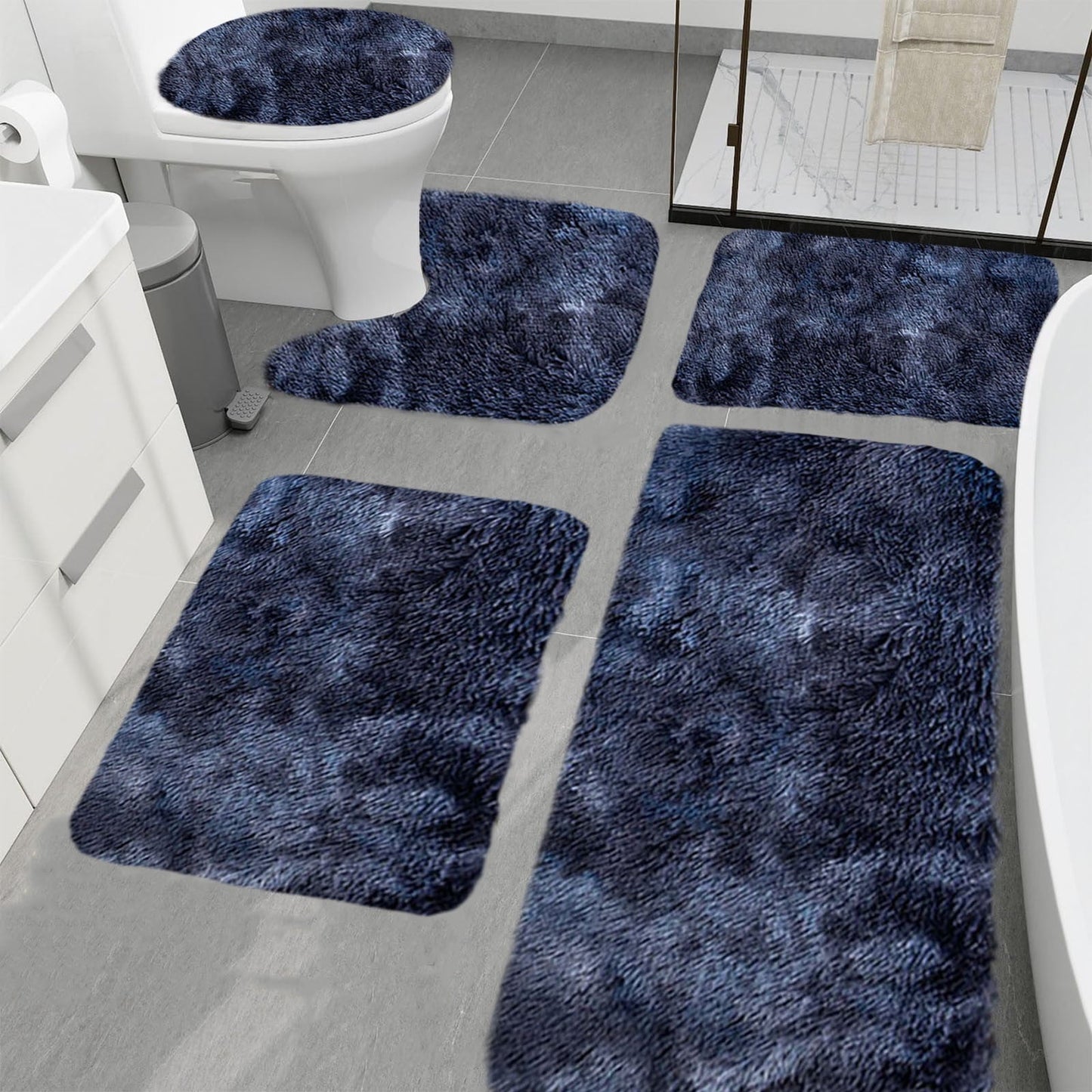 Tyidzon 5Pc Bath Mats for Bathroom, Quick-Dry Bathroom Rugs Sets Washable Non-Slip Bath Mat Ultra Soft Absorbent with U-Shaped Toilet for Bathroom, Tub, Shower, Gray 03-Dark Blue