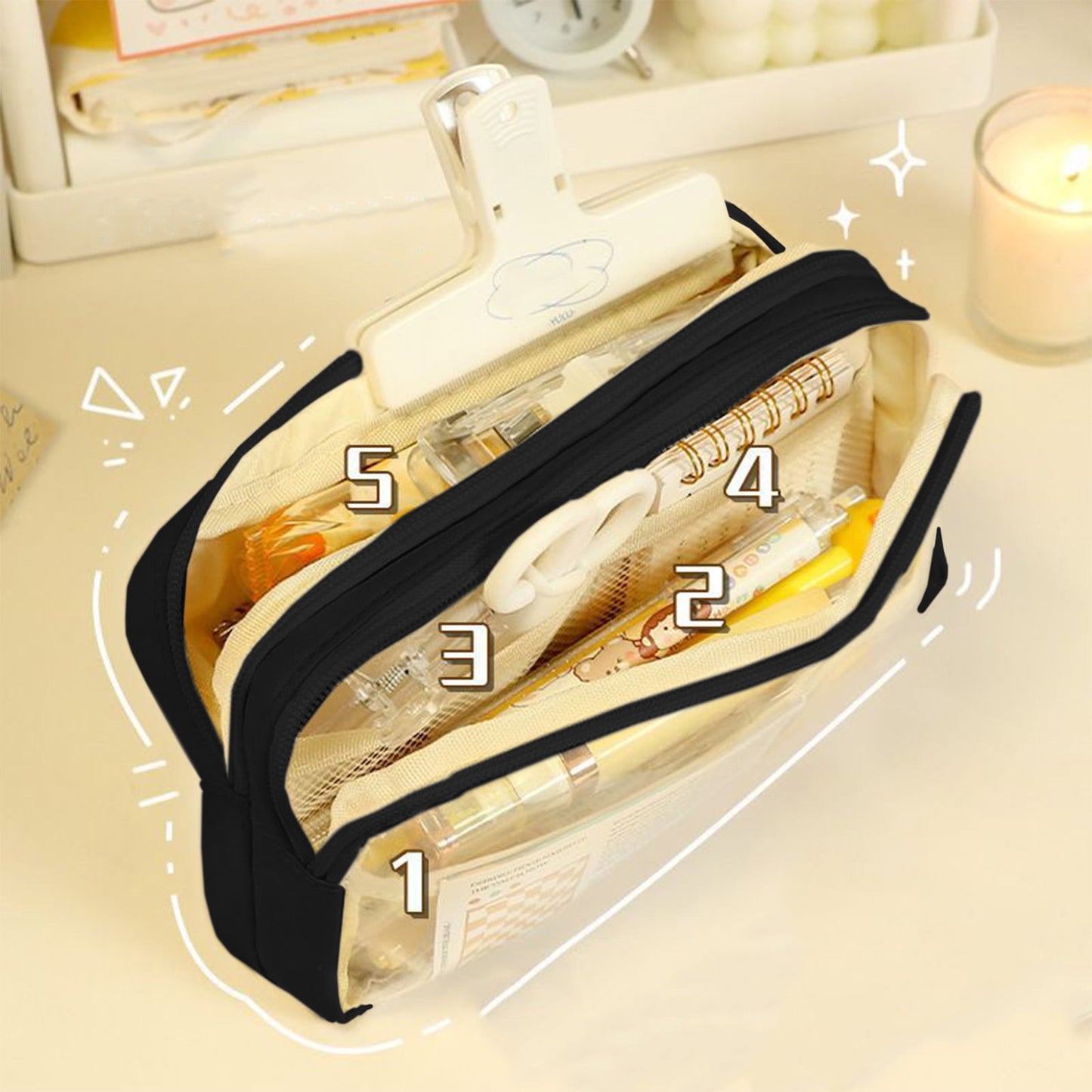 PALIFEUR Pencil Case Large Capacity Pencil Pouch, Multi-layer Aesthetic Pen Bag, Sturdy Multifunctional Pencil Bag, Pencil Box, Sky Blue Z-4-Black